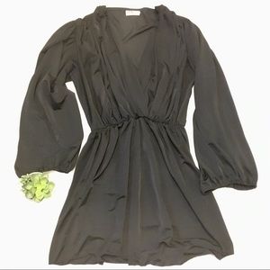 Vintage pillow bell Longsleeve deep V black silky mini dress